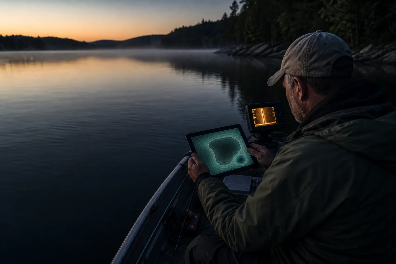 An angler in a small boat compares nested lake contours with live sonar at dawn