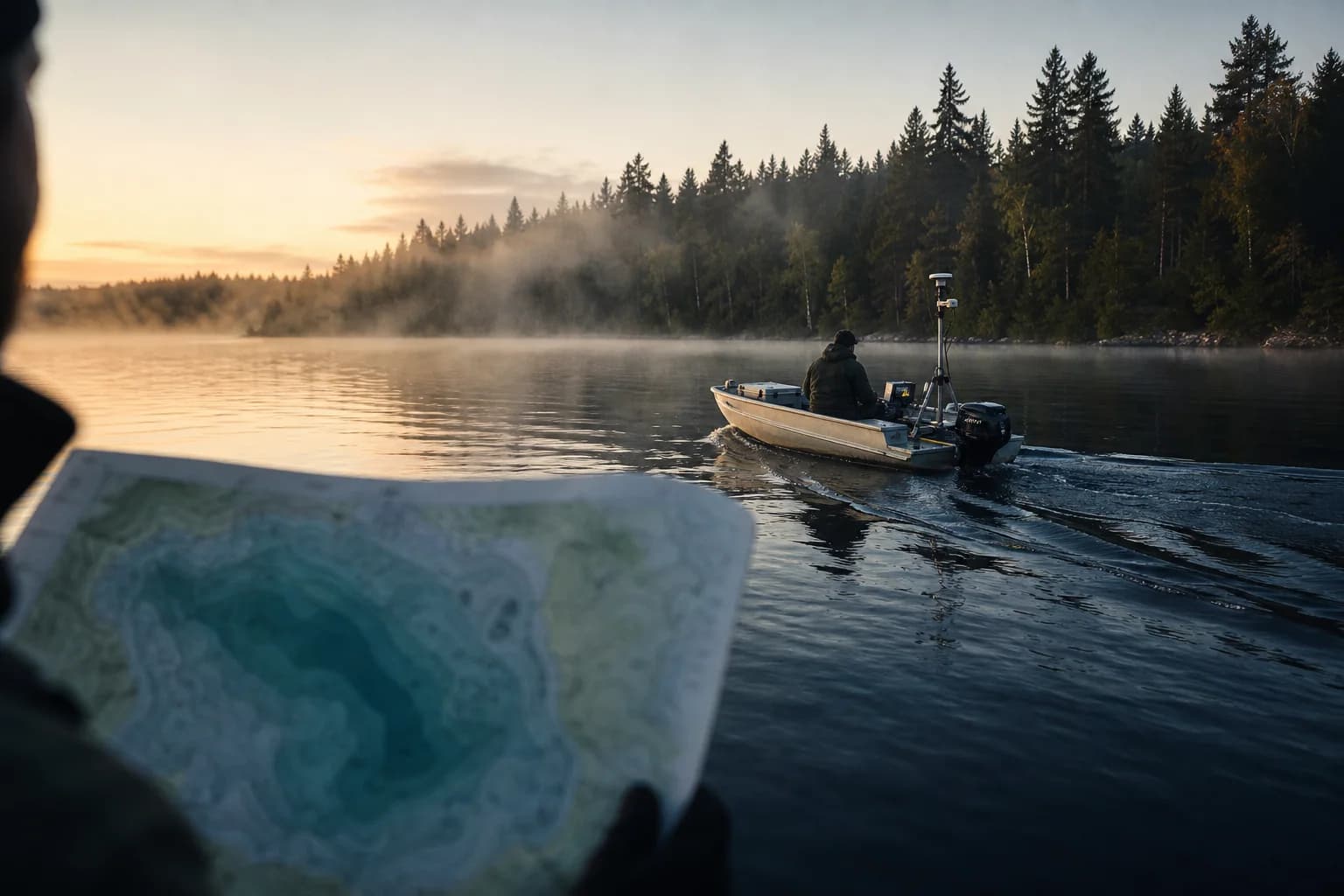 A field researcher watches a sonar survey boat cross a misty lake while holding a contour map