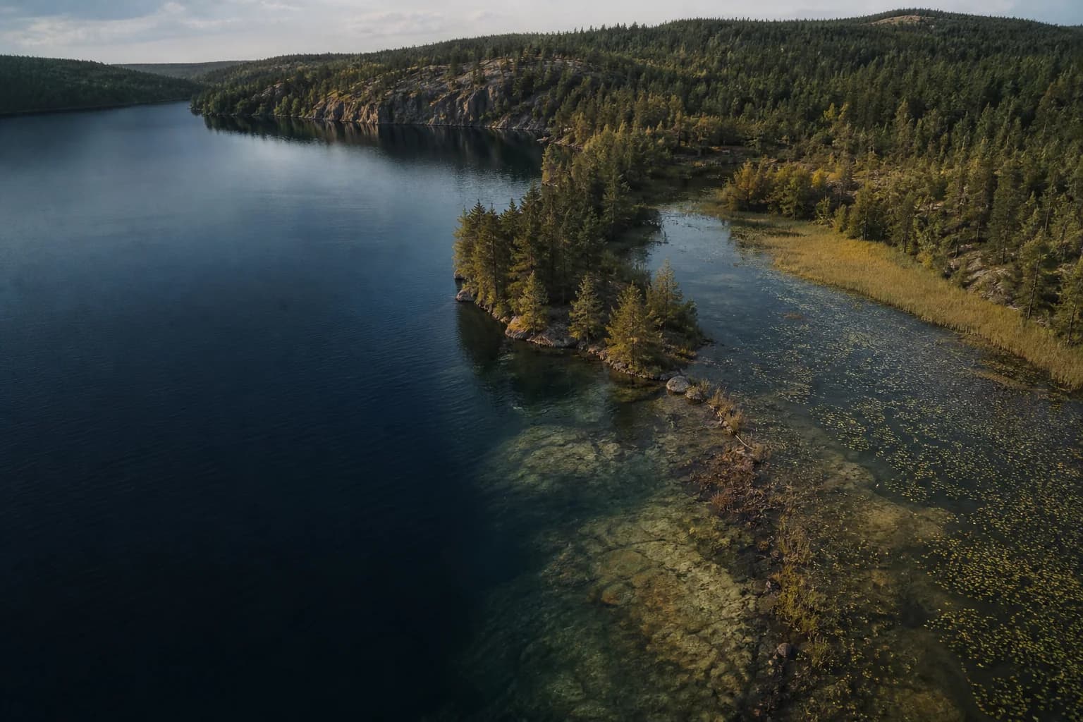 An aerial view contrasts a broad vegetated shallow bay with dark water beside a steep rocky shore